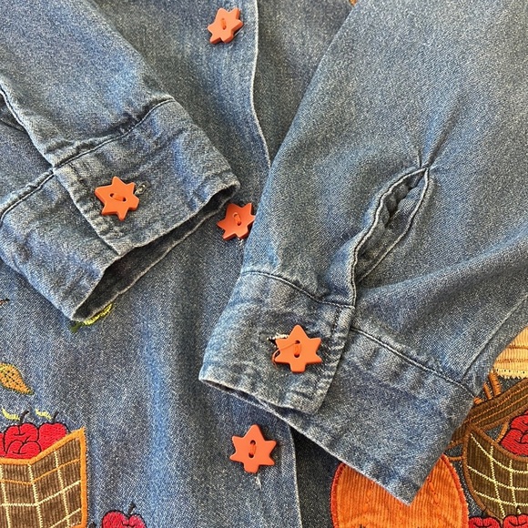 Tantrums Vintage, Autumn Fall Thanksgiving Embroidered Detail, Denim Shacket Top - Picture 6 of 12